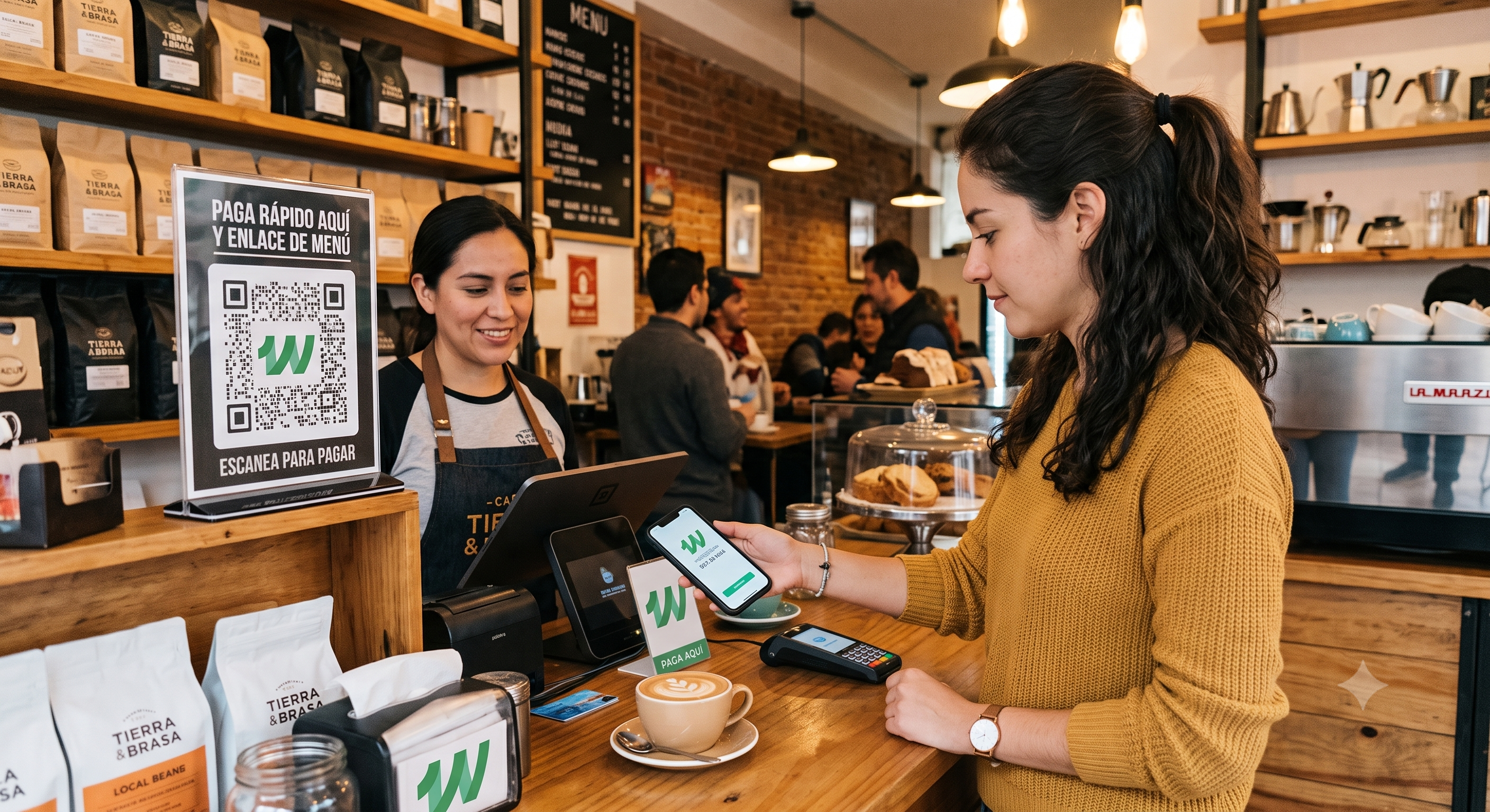 Clienta pagando con Wazipay en una cafetería